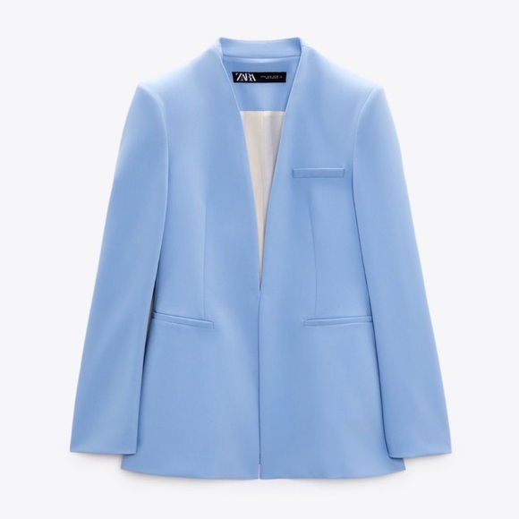 Zara Lapel-less Baby Blue Blazer w/ Shoulder Pads - Picture 2 of 4